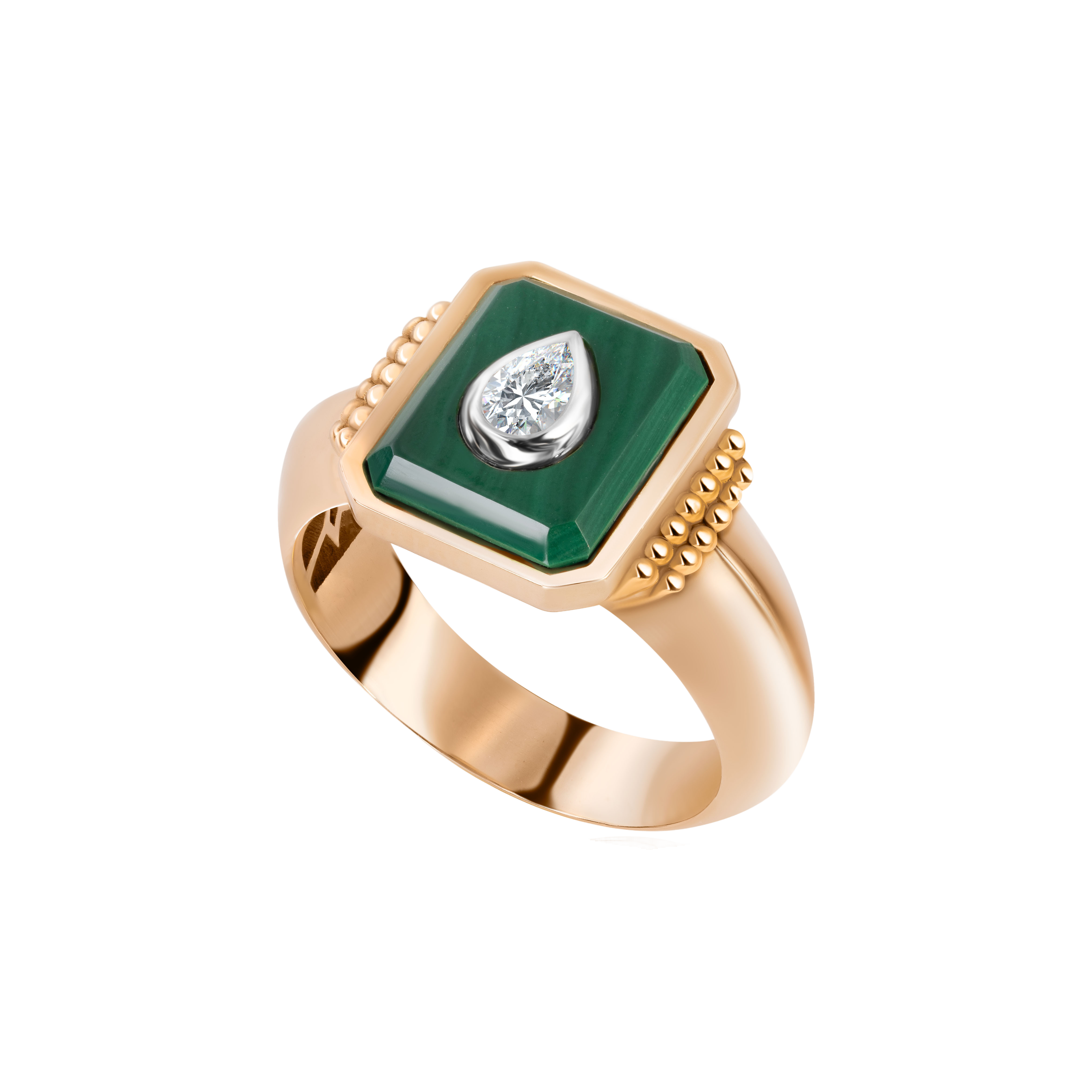 Safaee gold ring with green stone and diamond